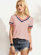 Romwe Striped Trim Slub T-shirt