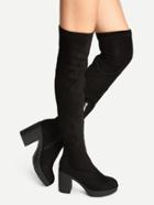 Romwe Black Faux Suede Over The Knee Chunky Heel Zipper Boots