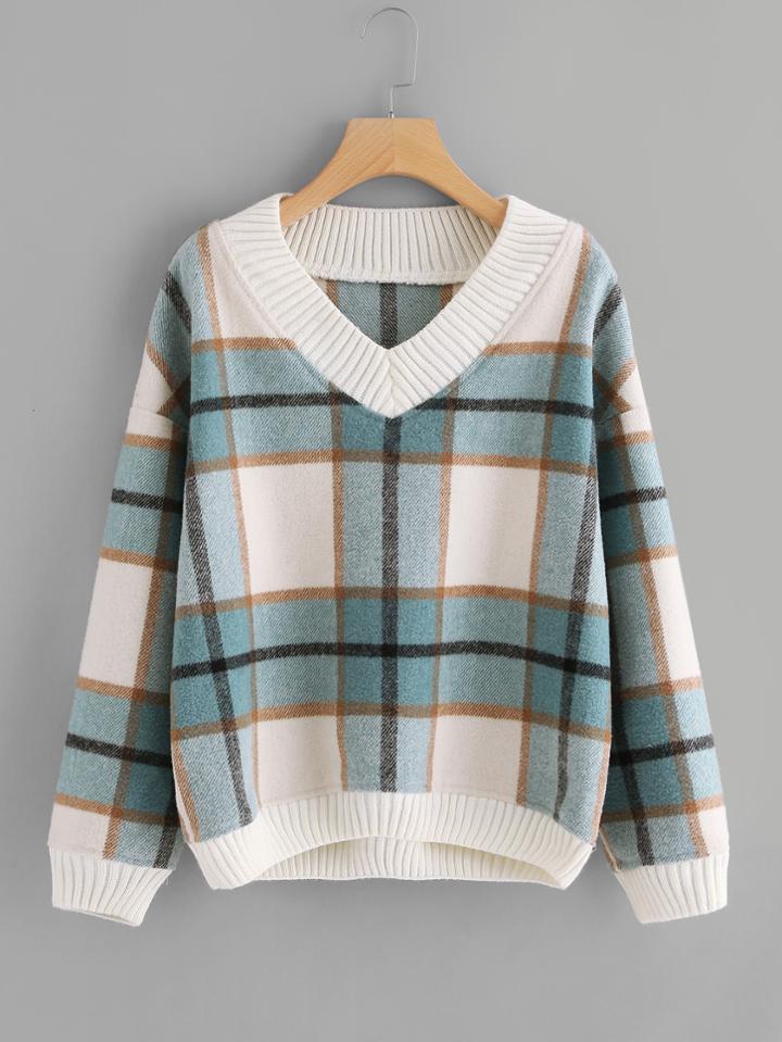 Romwe Ribbed Trim Plaid Knit Sweater