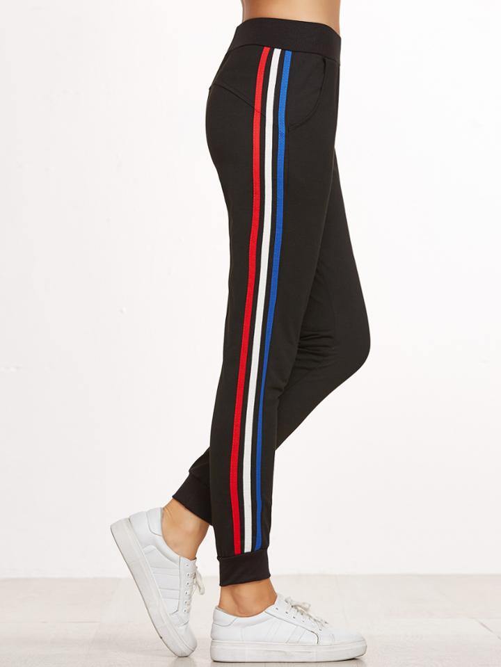 Romwe Black Striped Side Elastic Waist Beam Port Pants