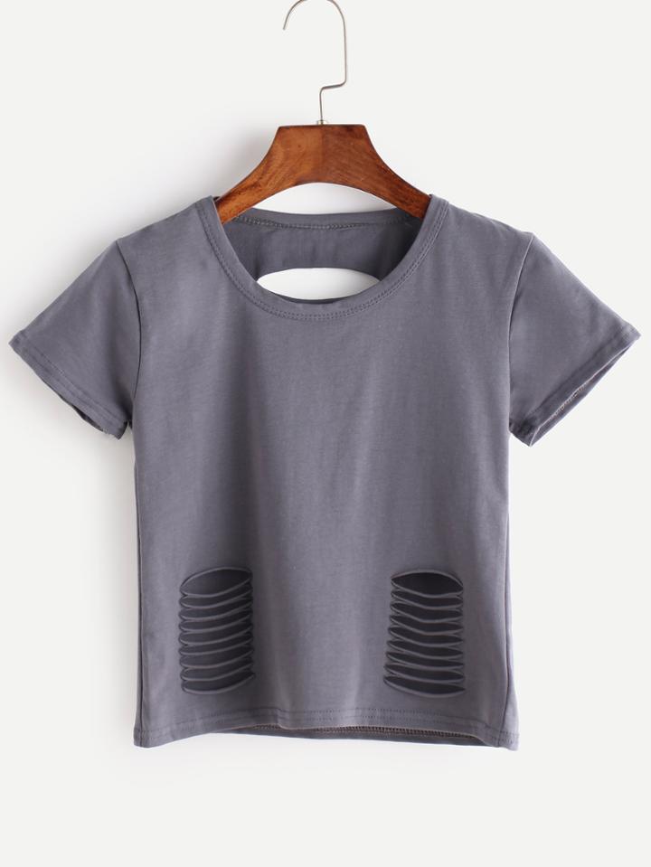 Romwe Blue Symmetrical Ripped T-shirt