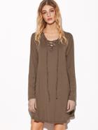 Romwe Brown V Neck Lace Up Loose Tee Dress