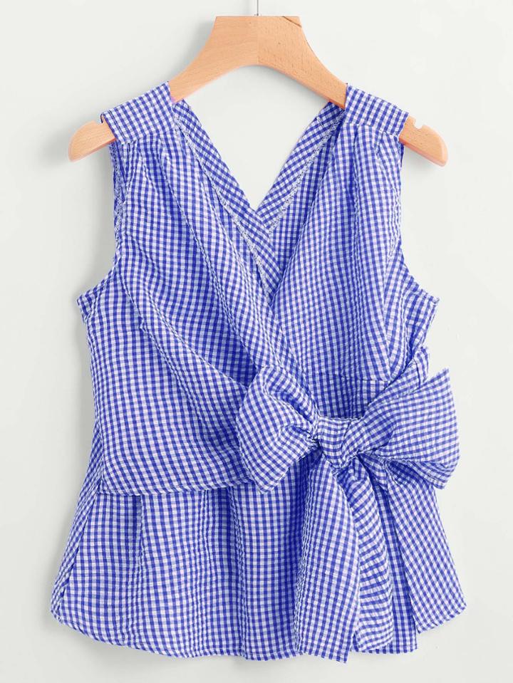 Romwe V-neckline Bow Tie Detail Gingham Top