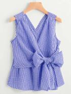Romwe V-neckline Bow Tie Detail Gingham Top