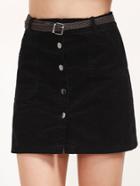Romwe Black Corduroy Single Breasted Pockets Skirt With Belt