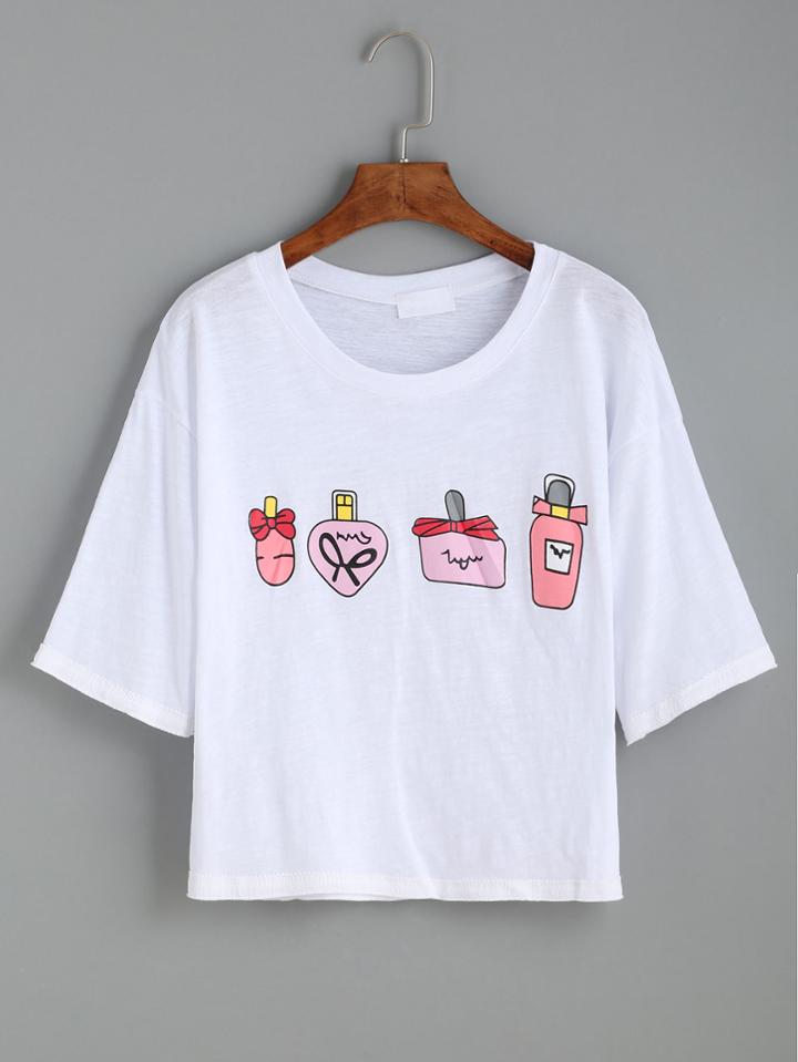 Romwe White Printed Drop Shoulder T-shirt
