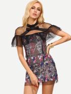 Romwe Multicolor Ruffled Sheer Shoulder Flower Embroidered Dress