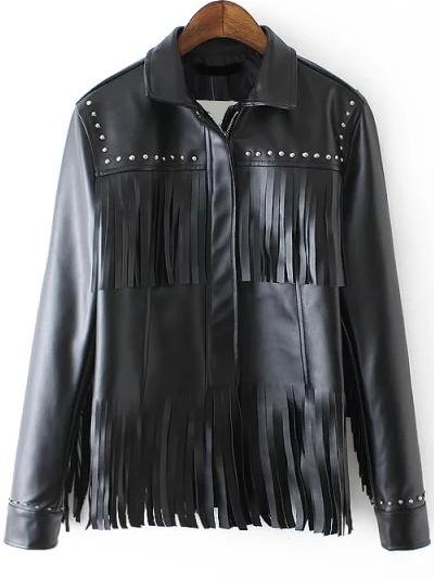 Romwe Lapel Zipper Tassel Rivets Jacket