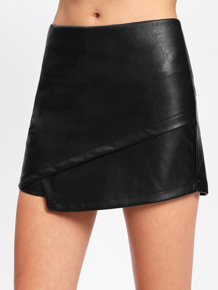 Romwe Asymmetrical Hem Ring Detail Pu Shorts