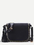 Romwe Black Eyelet Trim Tassel Pu Messenger Bag