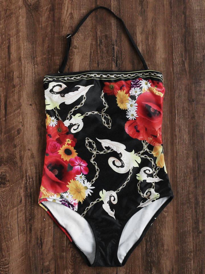 Romwe Black Floral Print Halter One-piece Swimwear