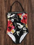 Romwe Black Floral Print Halter One-piece Swimwear