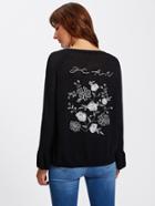 Romwe Ruffle Cuff Flower Embroidered Jumper