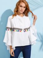 Romwe White Tassel And Embroidered Tape Embellished Poncho Blouse
