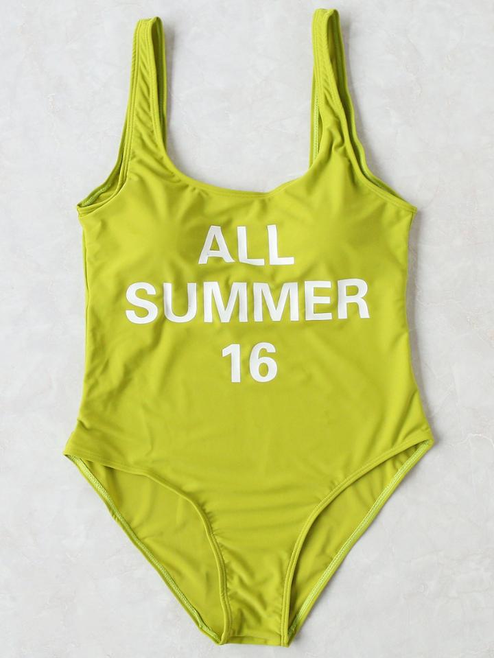 Romwe Green Letter Print One-piece Swimwear