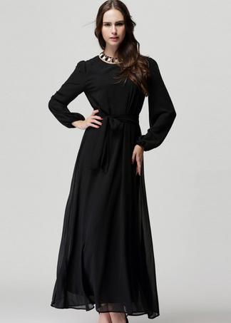 Romwe Maxi Chiffon Black Dress With Belt