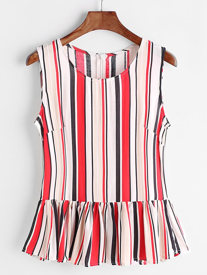 Romwe Contrast Striped Zipper Back Peplum Tank Top