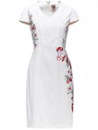 Romwe White V Neck Cap Sleeve Embroidered Sheath Dress