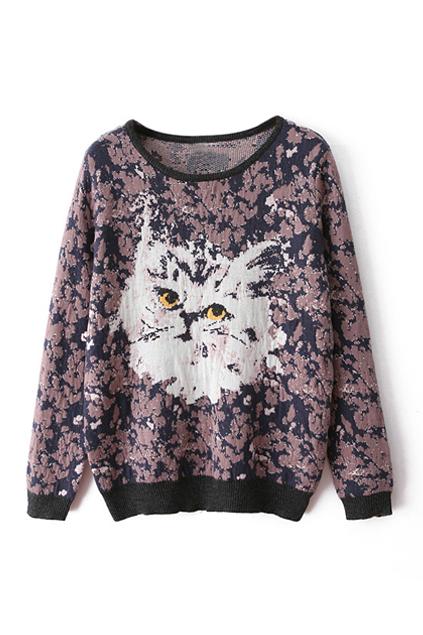 Romwe Cute Cat Knitted Dual-tone Jumper
