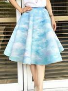 Romwe Clouds Print Blue Midi Flare Skirt