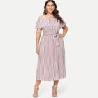 Romwe Plus Off The Shoulder Tired Striped Dress