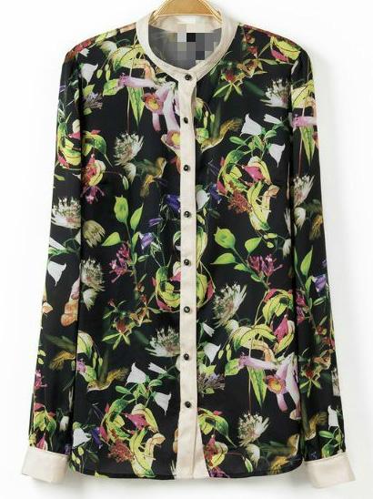 Romwe Multicolor Lapel Long Sleeve Leaves Print Blouse