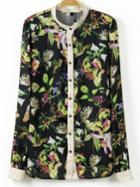 Romwe Multicolor Lapel Long Sleeve Leaves Print Blouse