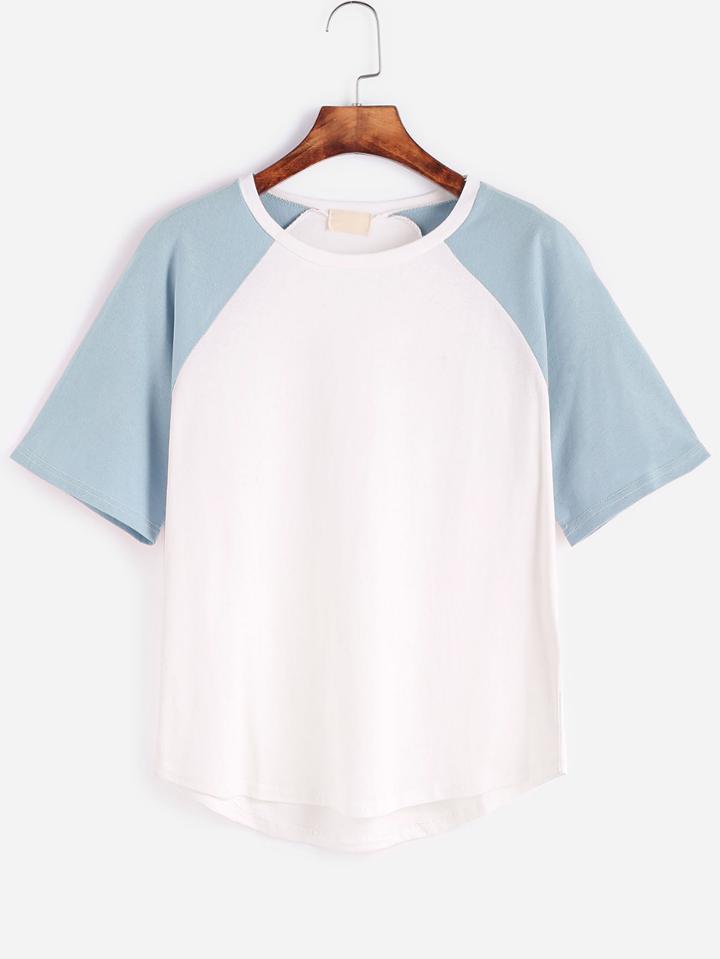 Romwe Blue Contrast Raglan Sleeve T-shirt