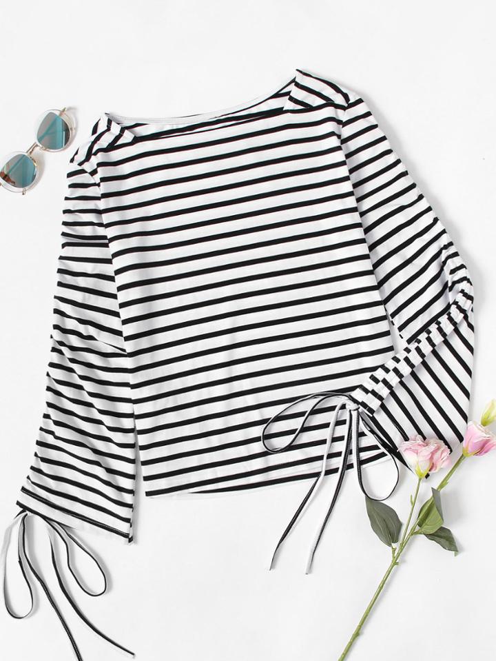 Romwe Striped Drawstring Sleeve Tee