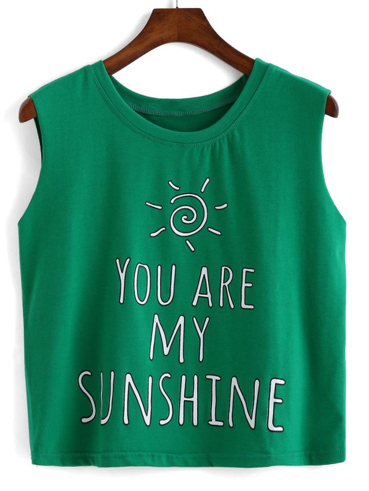 Romwe Letter Print Green Tank Top