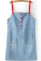 Romwe Straps With Buttons Pockets Denim Pale Blue Dress