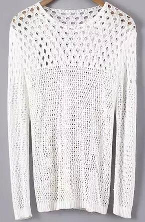 Romwe Long Sleeve Hollow White Sweater