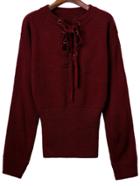 Romwe Burgundy Ribbed Cuff Wide Hem Lace Up Sweater