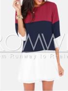 Romwe Red White Half Sleeve Color Block Dress