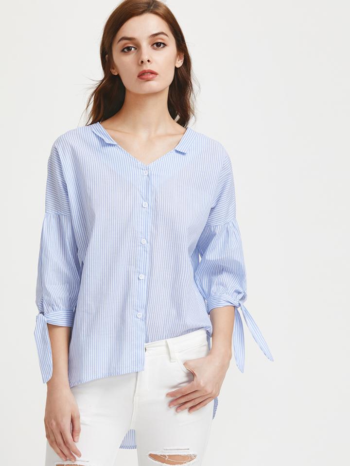 Romwe Dual V-cut Tie Cuffs Striped High Low Blouse