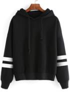 Romwe Black Drop Shoulder Varsity Striped Hooded Sweatshirt