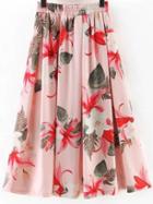 Romwe Pink Elastic Waist Flowers Print Flare Skirt