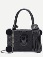 Romwe Black Round Plastic Trim Fringe Charm Box Bag