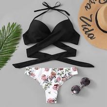Romwe Solid Wrap Halter Top With Random Floral Bikini