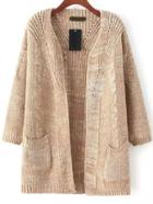 Romwe With Pockets Cable Knit Khaki Cardigan