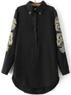 Romwe Black Embroidery Hidden Button Dip Hem Shirt Dress