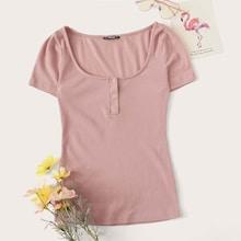 Romwe Press Button Front Rib-knit Tee