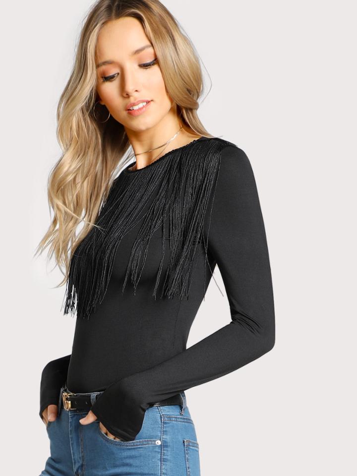 Romwe Fringe Detail Solid T-shirt