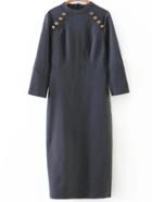 Romwe Grey Button Detail Three Quarter Sleeve Slit Dress