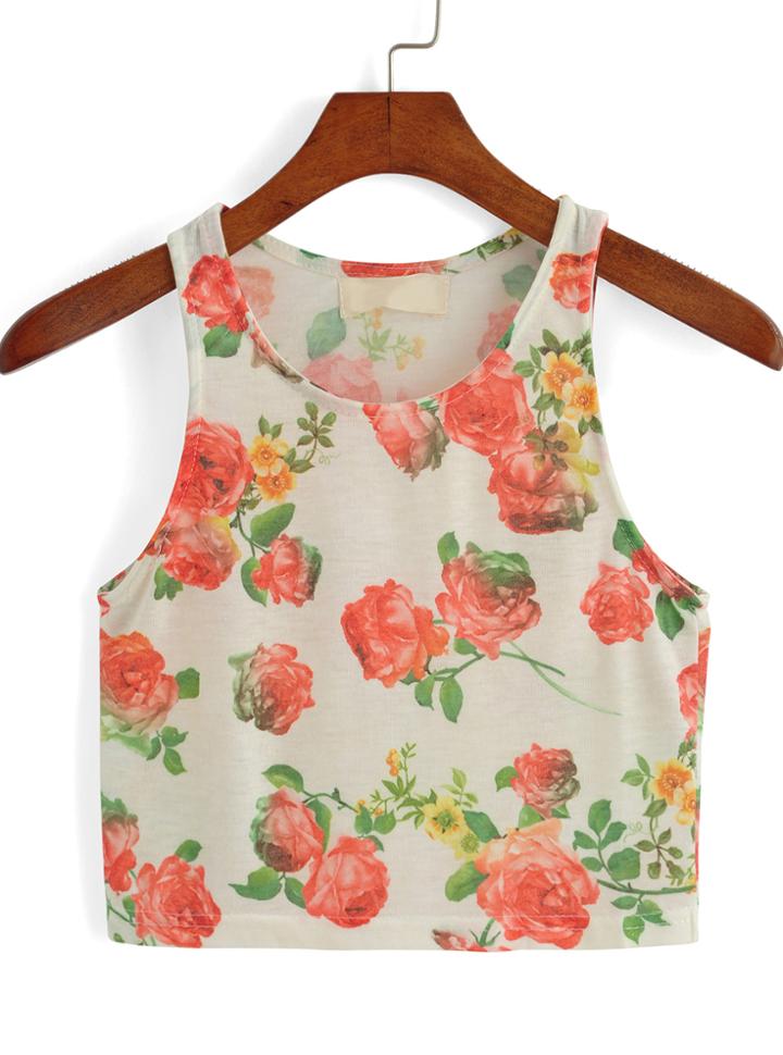 Romwe Rose Print White Tank Top