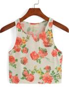 Romwe Rose Print White Tank Top