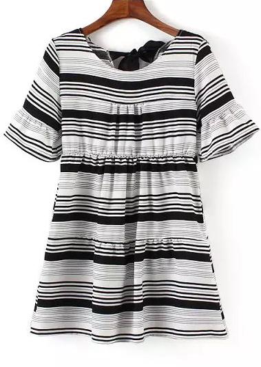 Romwe Back Bow Striped Black Dress