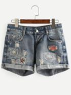 Romwe Blue Ripped Roll Hem Embroidered Patch Denim Shorts