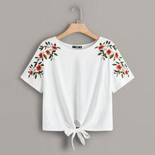 Romwe Plus Flower Embroidered Tie Front Tee