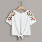 Romwe Plus Flower Embroidered Tie Front Tee
